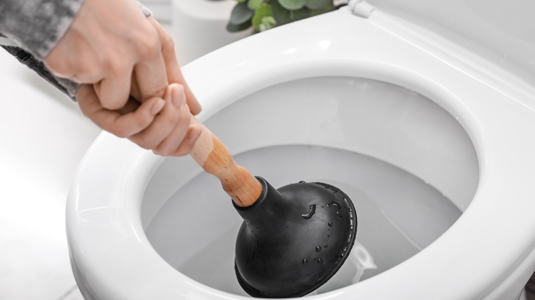 person plunging toilet