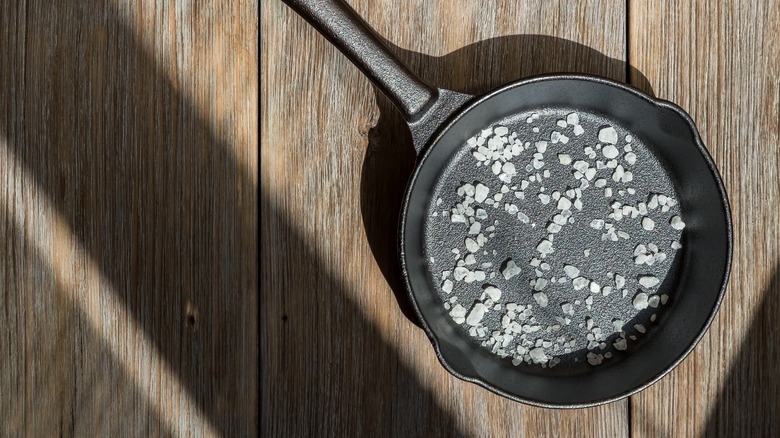 cast iron pan with salt