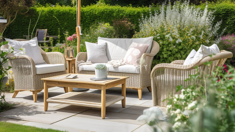 An outdoor patio features furniture with white cushions