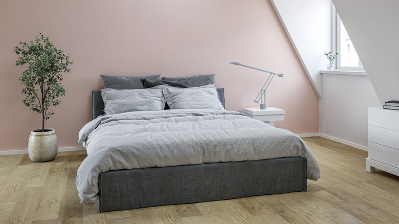 Modern minimalist bedroom with a plaster pink feature wall