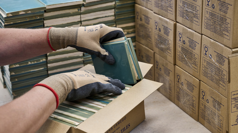 tiles in store being boxed