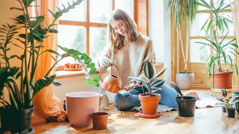 Girl waterirng indoor plants
