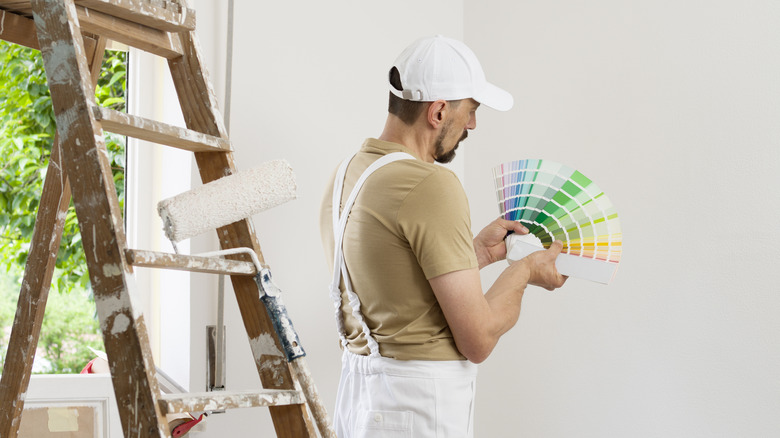 man choosing green paint swatch