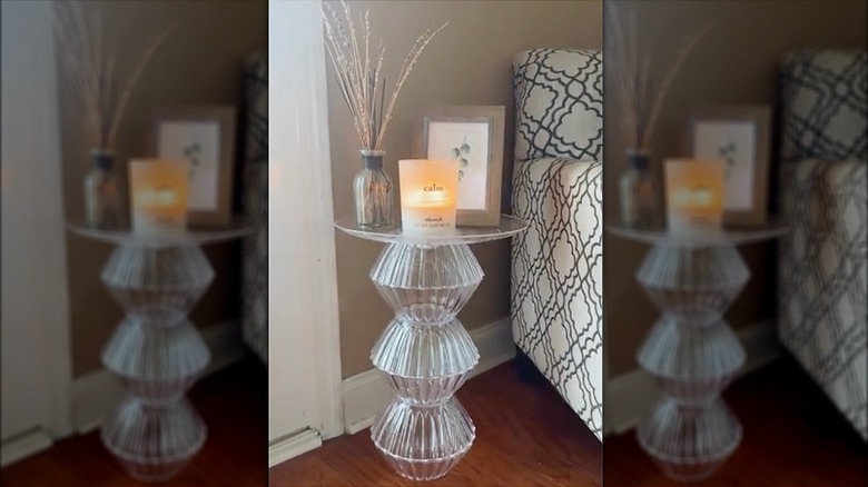 Side table made from Dollar tree punch bowls.