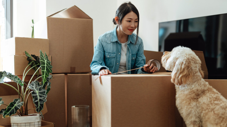woman taping up moving boxes as her dog looks at her