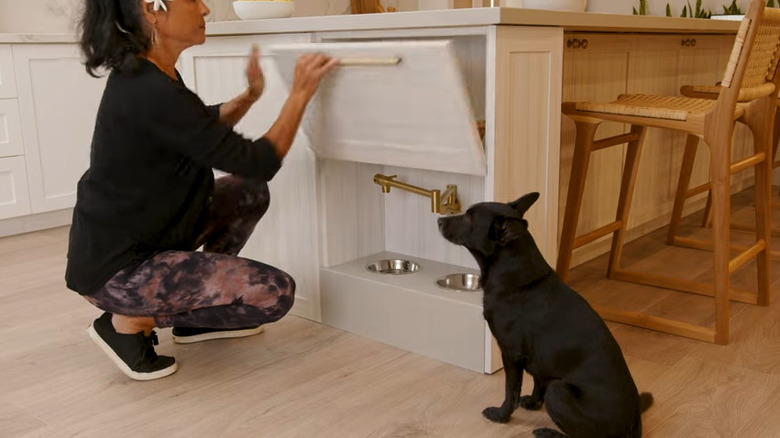 A person and a dog at a pet feeding station in a kitchen