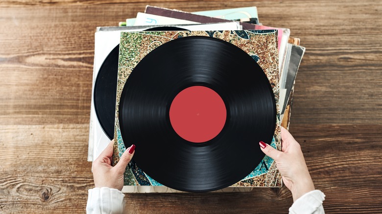 Vinyl records in a stack