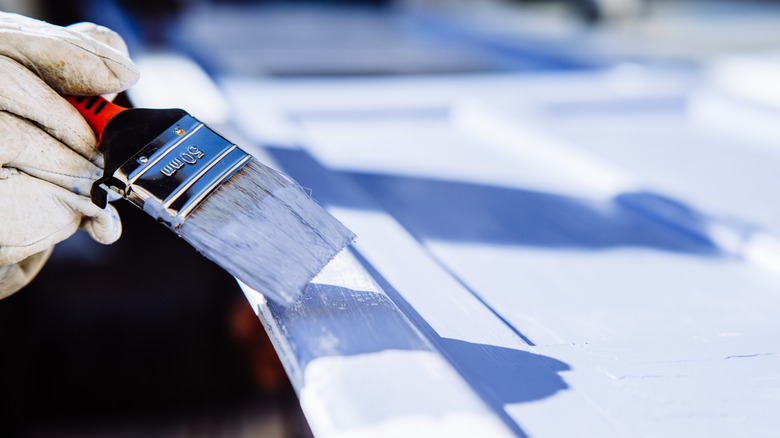 person applying white varnish to surface with paintbrush