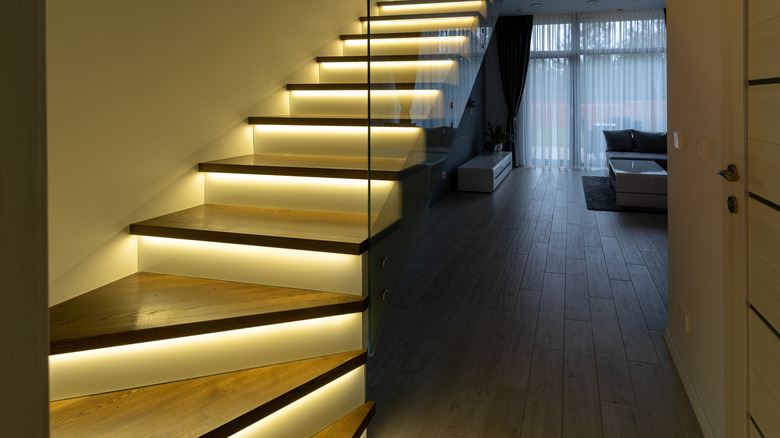 indoor lit staircase