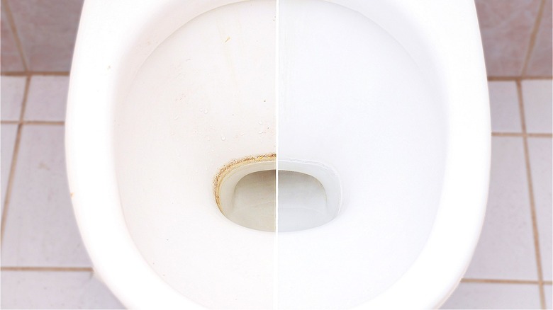 Split of stained, clean toilet