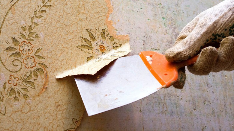 Person removing wallpaper from wall