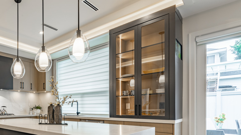 A brown-painted glass door countertop cabinet in a modern kitchen.