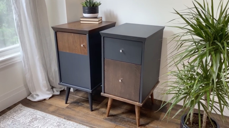 Nightstands make from an old desk sitting in a bedroom