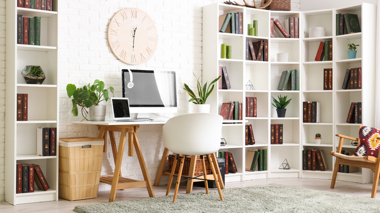 Stylish home office with various houseplants, and bookshelves lined with books and decor