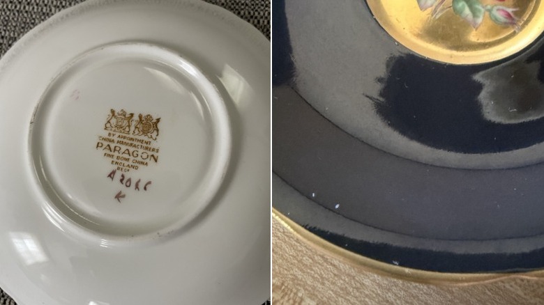 A Paragon China teacup saucer with scratches to the glazed surface.