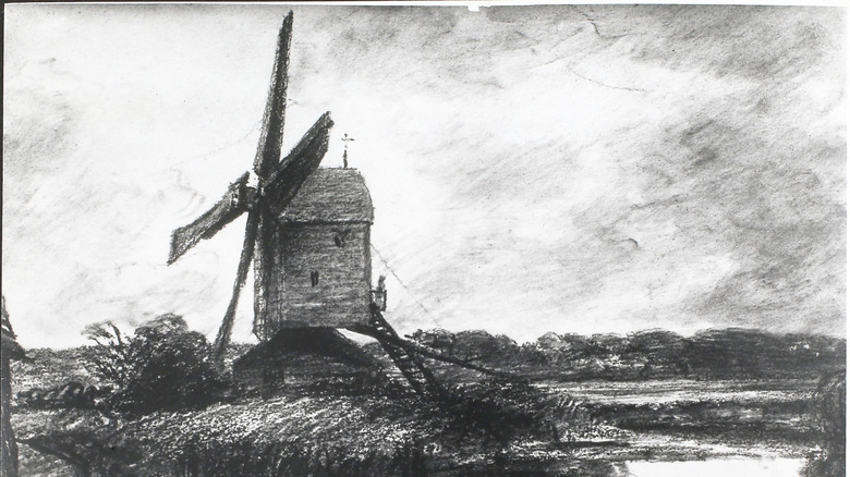 A windmill by a river. Drawing by John Constable in the Victoria & Albert Museum, London.