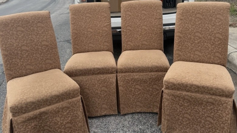 Set of 4 Parsons dining chairs with light brown slipcovers