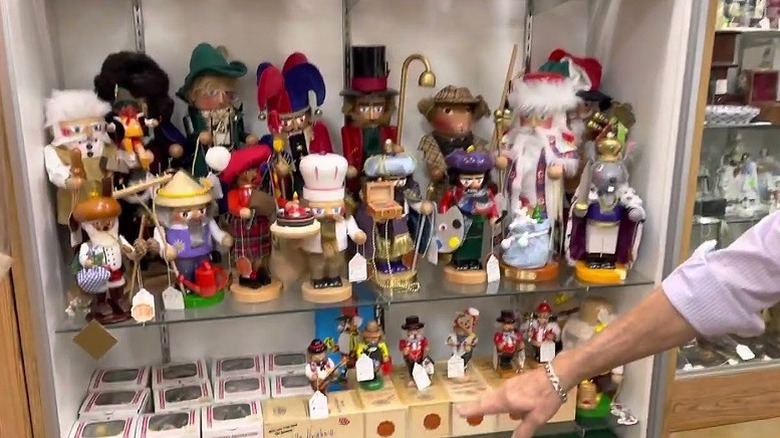 A display of Steinbach nutcrackers in an antique shop