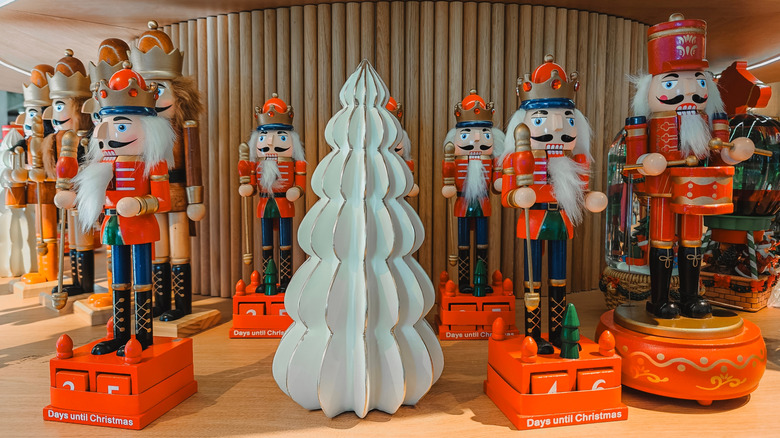 A collection of vintage-style nutcrackers at a German Christmas market