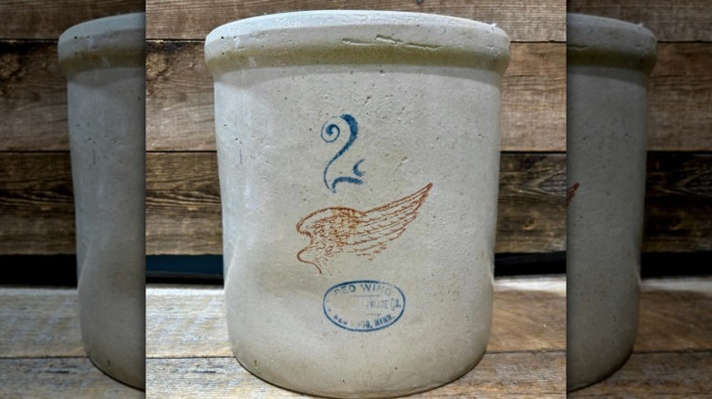 A 1906 to 1930s Red Wing Union Stoneware Co. two-gallon stoneware crock.