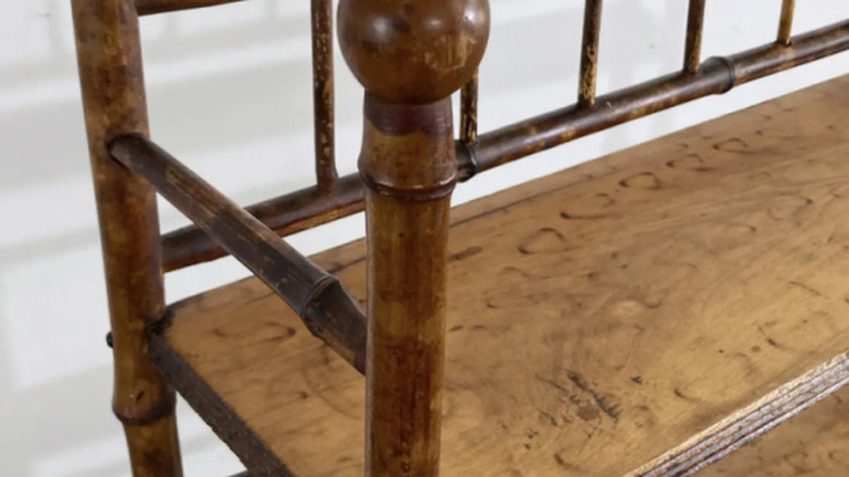 An up close view of a bamboo shelf