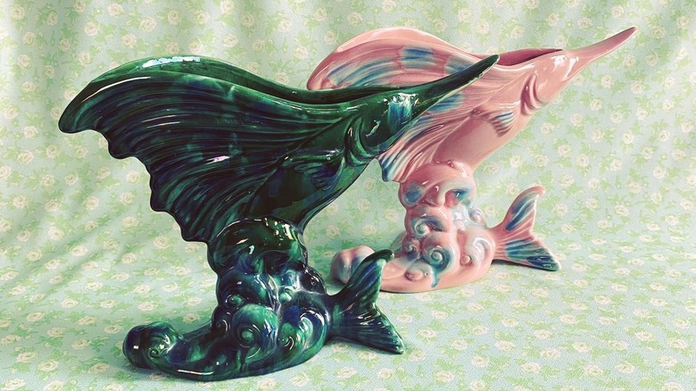 Two Royal Haeger swordfish vases in green and pink