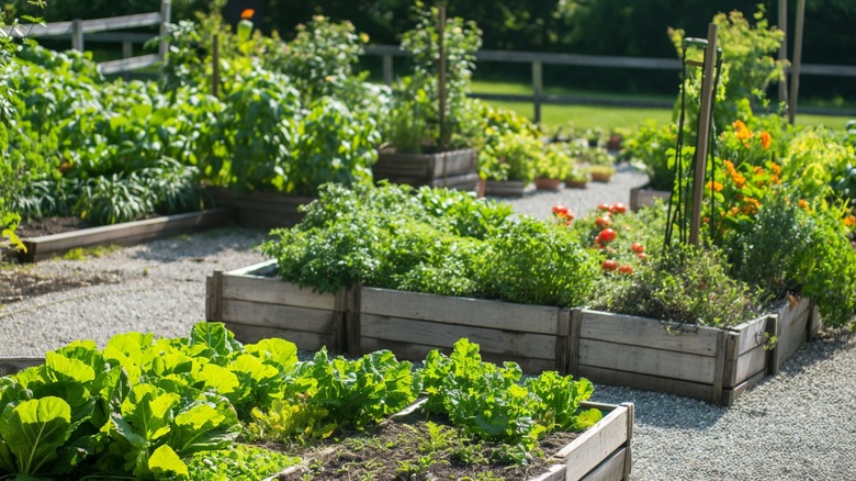 Raised vegetable beds in a garden