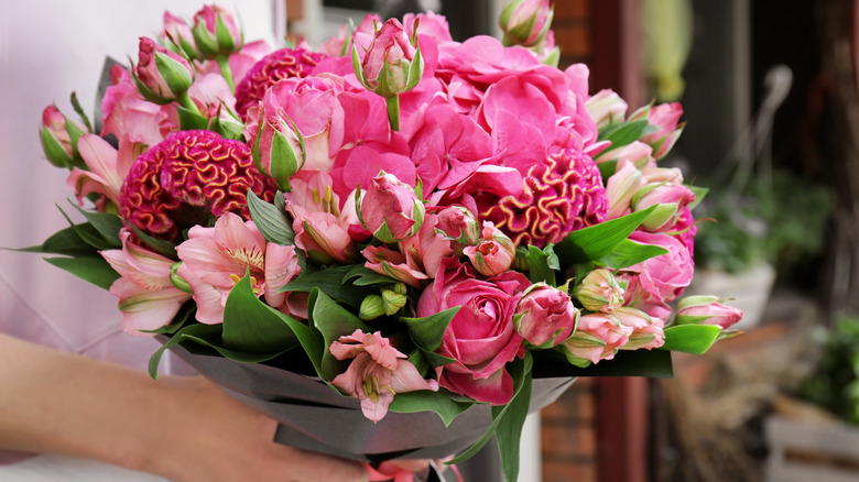 bouquet of pink flowers with celosia
