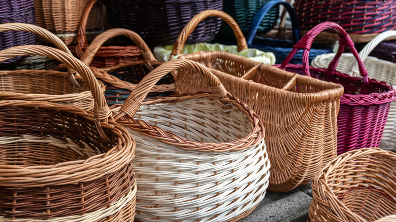 Wicker baskets on display at a handicraft market.