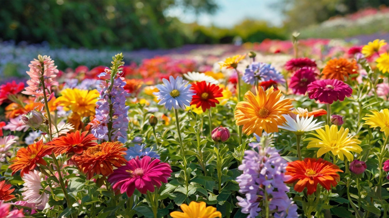 Various colorful flowers in the sun
