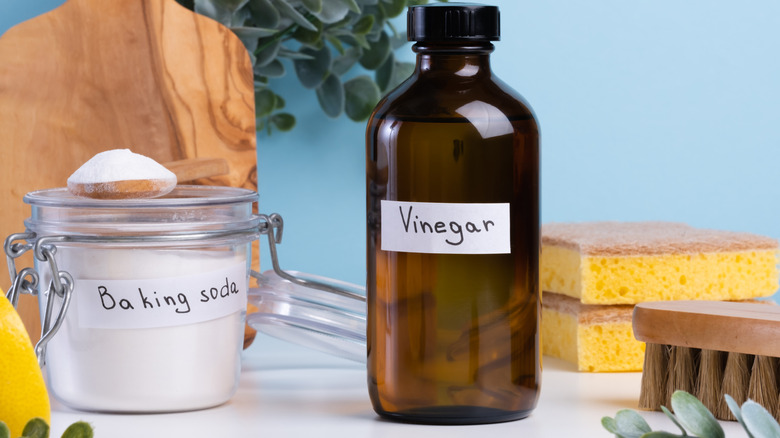 A jar of baking soda next to a bottle of vinegar on a counter