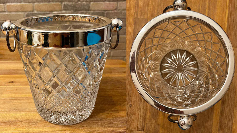 A side-by-side of a front and top-down image of a cut glass wine cooler