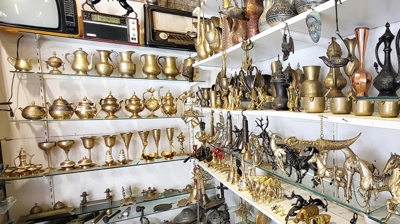 Brass items in a thrift store/antique store