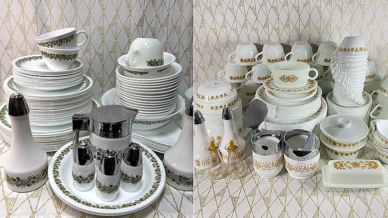 Corelle Spring Blossom Green dinnerware on the left and Corelle Butterfly Gold on the right.