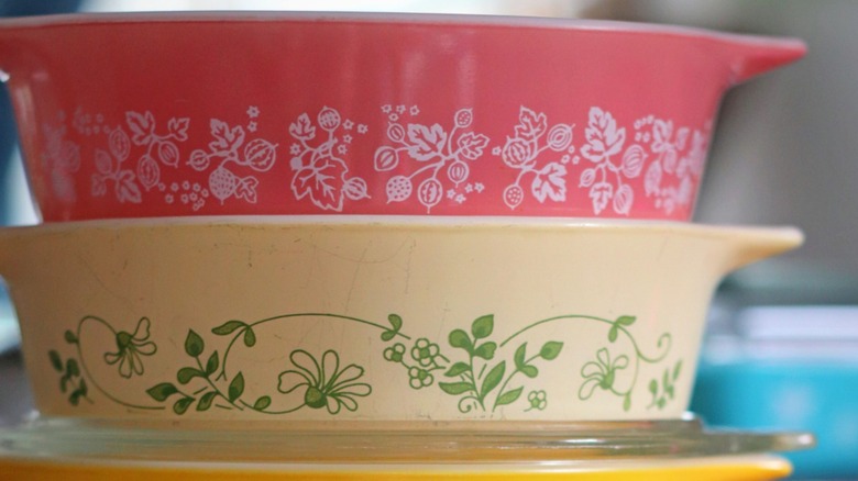 vintage pyrex dishes stacked