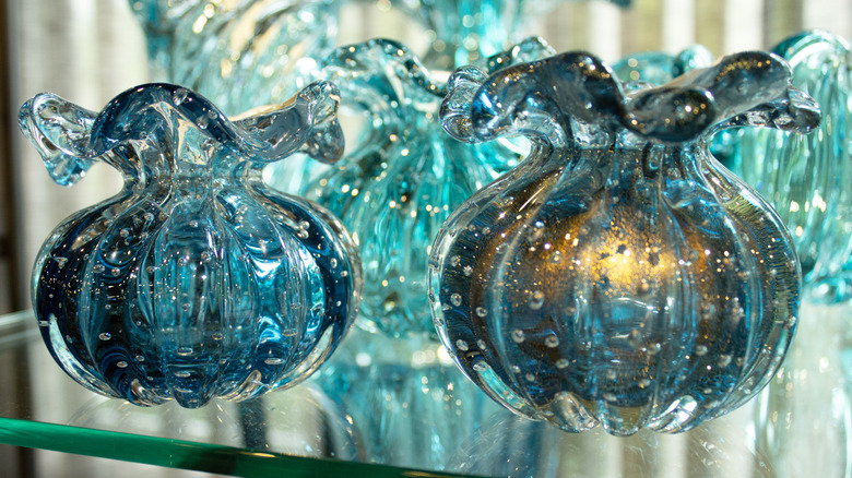 Blue Murano vases with visible glass bubbles
