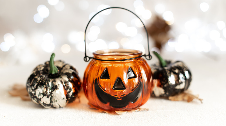 Glass jack o latern and halloween decor