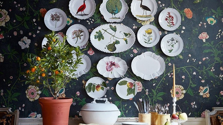 Hanging vintage plates on a wall covered with dark green, floral wallpaper