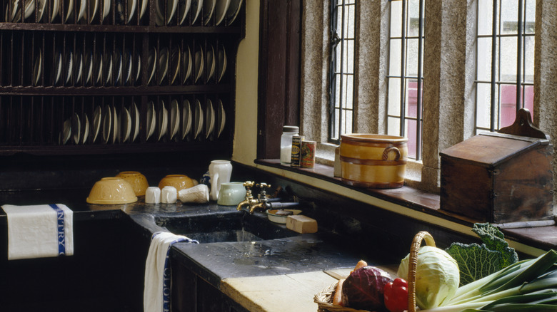 Scullery kitchen with space for food prep, storage and sink
