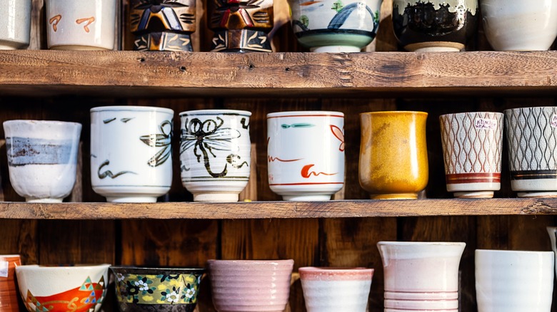 A collection of patterned mugs on wooden shelves