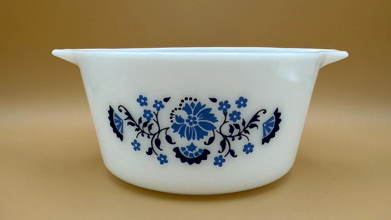 Blue and white Pyrex casserole dish.