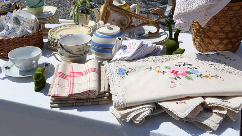 vintage tea towels at outdoor market