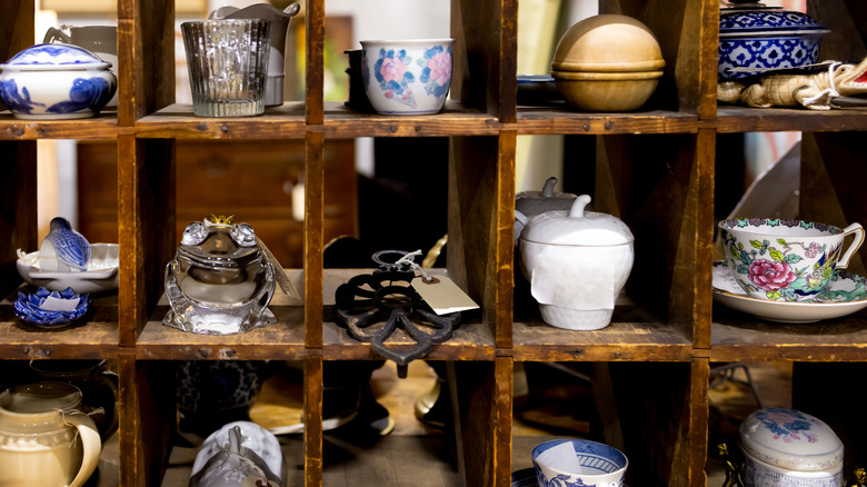 vintage decor on wooden antique store shelf