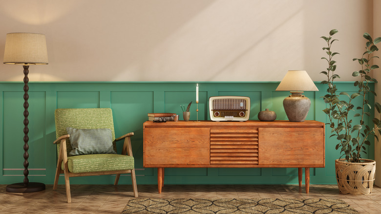 Midcentury modern credenza with chair and lamps
