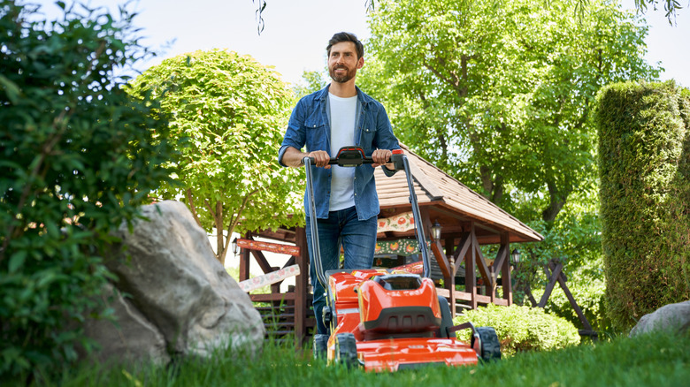 A person happily mows a lawn