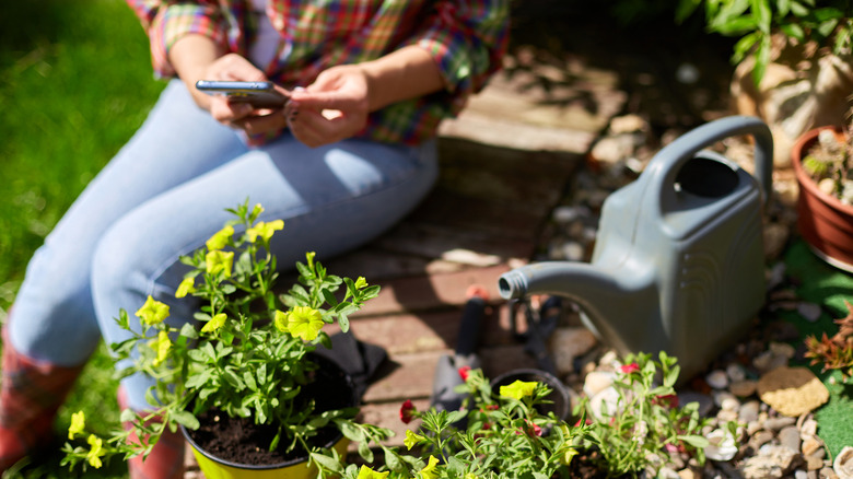 Woman looking at her phone sitting in a garden next to a watering can and plants.