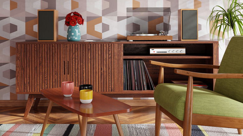 A stylish record storage cabinet in a modern living room.