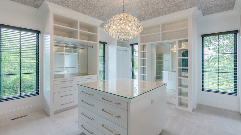 A closet with floor-to-ceiling cabinetry and molding