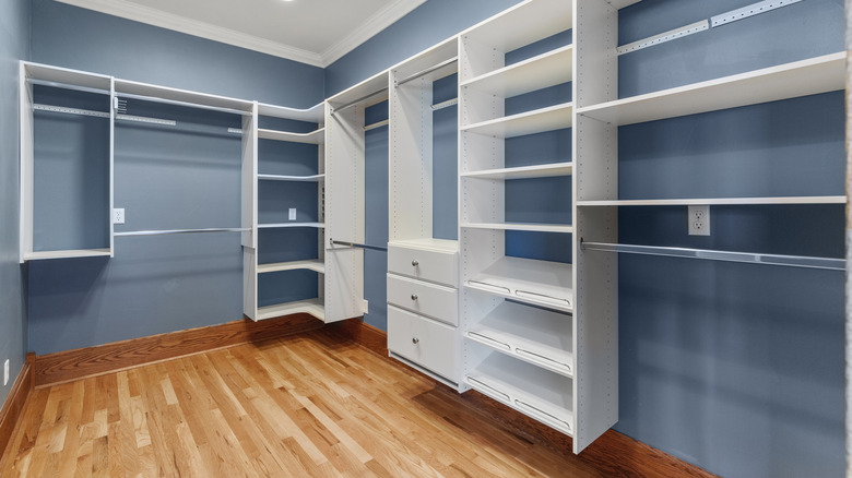 A large closet with blue walls