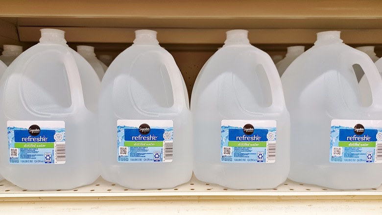 Four 1-gallon jugs of distilled water sitting on a store shelf.